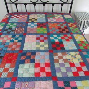 Vtg. 1995 Handmade Multi & Bright Colored Patchwork Quilt sz 94X67" Signed